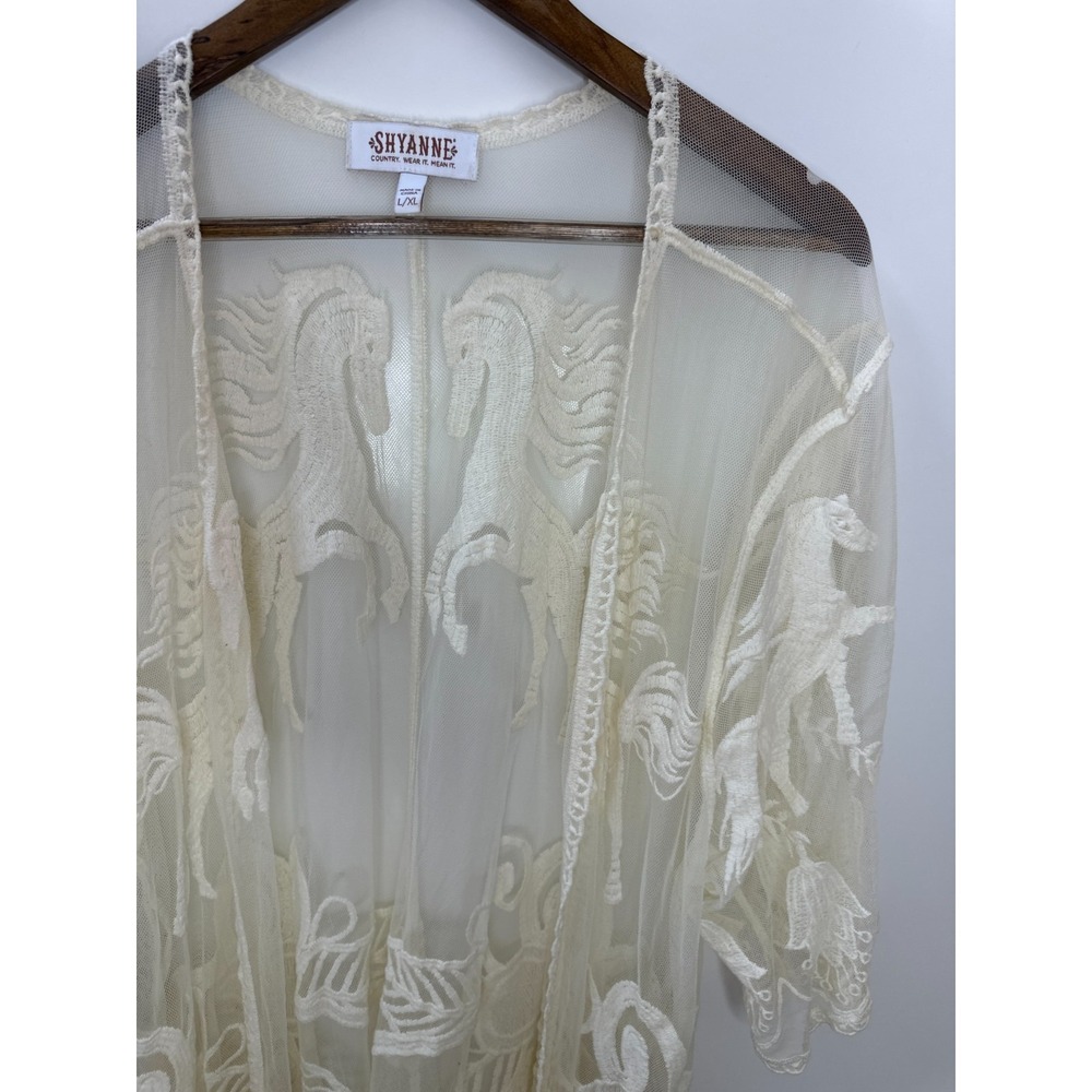 Shyanne Sheer Embroidered Horse Theme Lace Kimono Tassel Fringe Duster L/XL - Picture 8 of 14